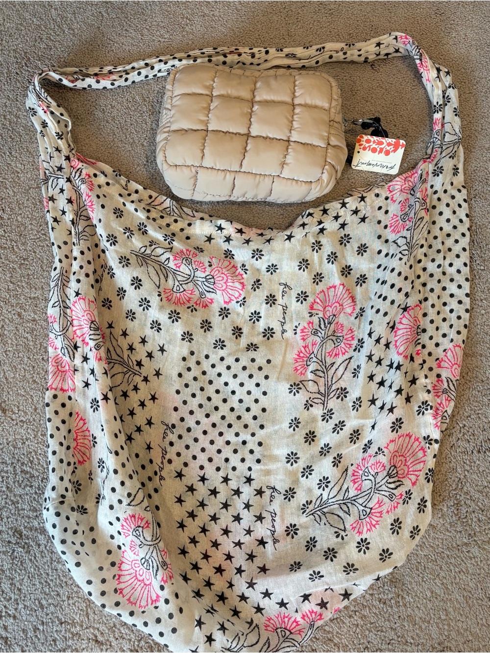 NWT Free People Quilted Crossbody Pouch and Floral Sling Bag - Beige and Pink